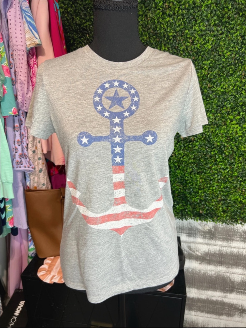 L.O.L. Vintage Gray Short Sleeve Tee with Patriotic Anchor Graphic